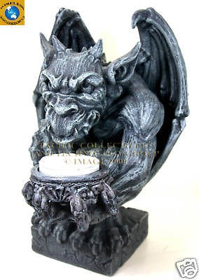 SQUATTING WINGED GARGOYLE CANDLEHOLDER STATUE FIGURINE CASTLE RUIN 