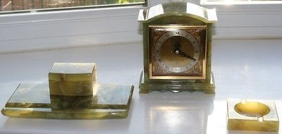 ONYX MATCHING INKWELL ASHTRAY GARRARD ELLIOTT CLOCK