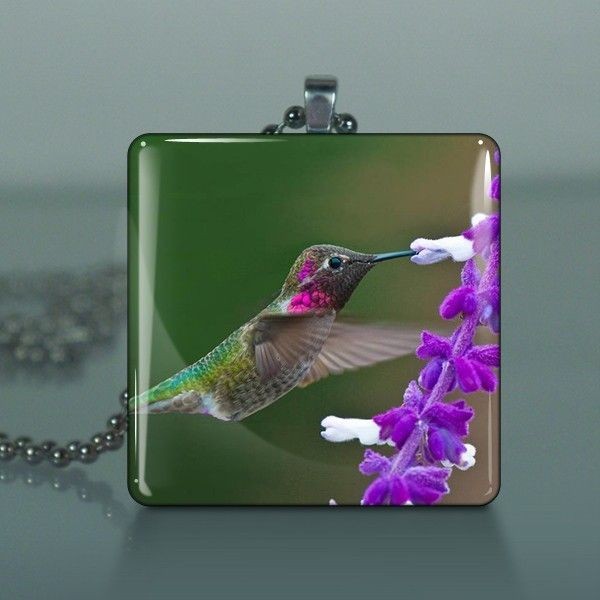 Hummingbird & Flower Glass Tile Necklace Pendant A52