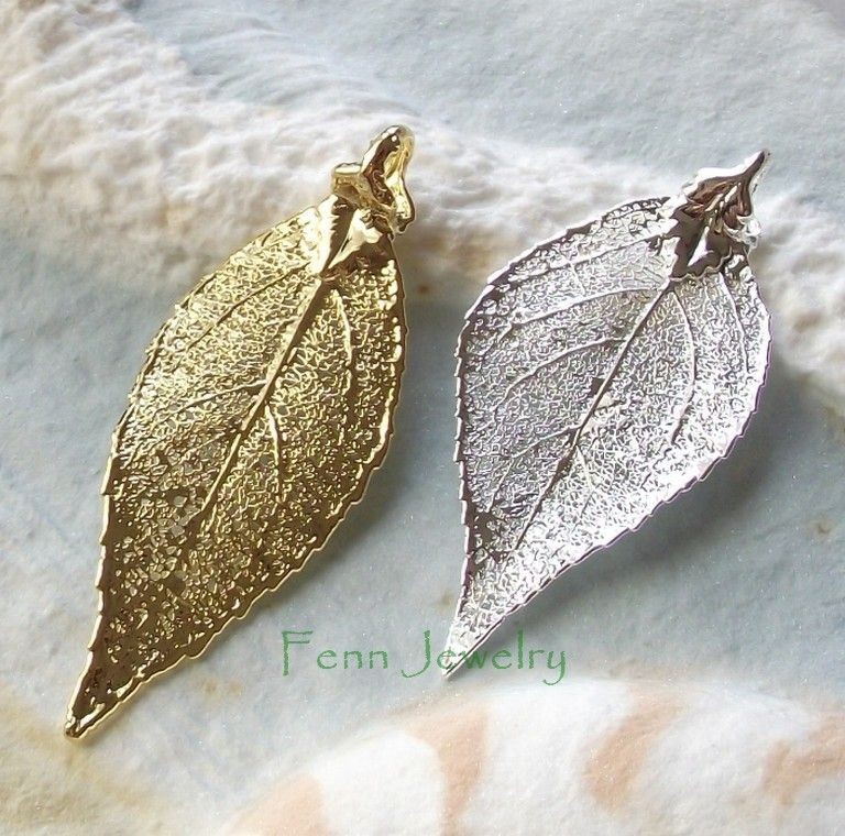 Real Leaf Pendant Necklace Earring Evergreen 24K Gold Sterling Silver 