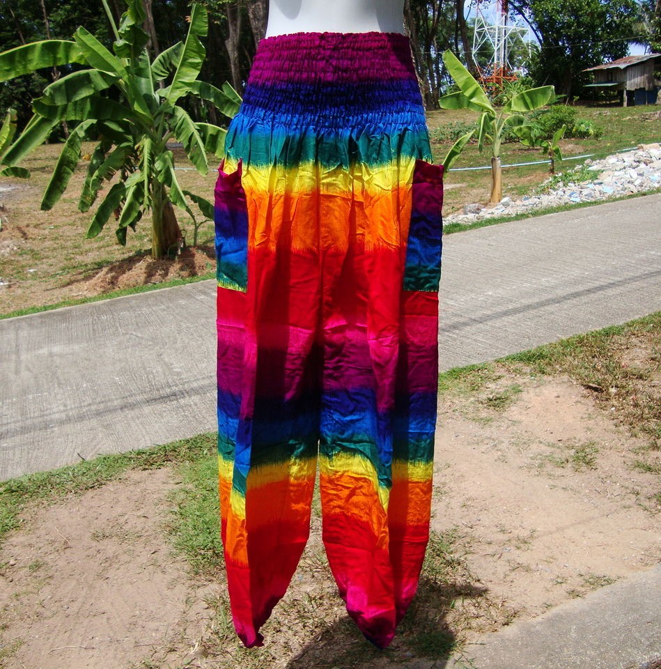 LADIES RAYON BAGGY GYPSY RAINBOW PANTS RASTA REGGAE BAGGIE