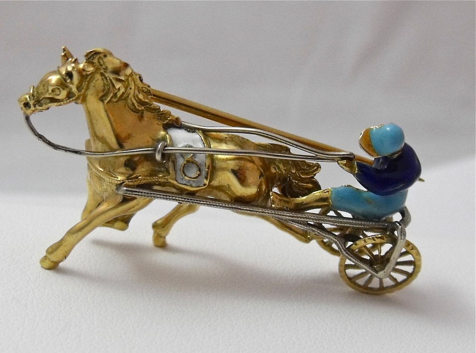 VINTAGE 18K YELLOW GOLD & ENAMEL HARNESS HORSE RACING JOCKEY BROOCH 