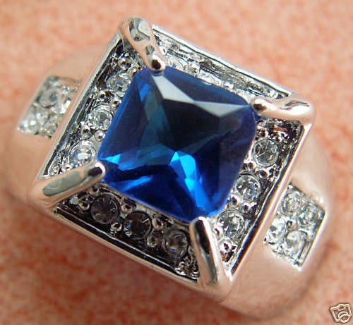   Montana BLUE SAPPHIRE simulated MENS RING Platinum overlay size 8