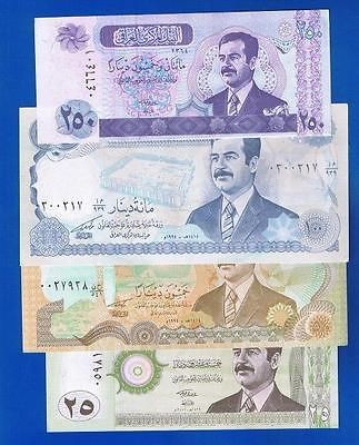 IRAQ   25 + 50 +100 + 250 DINARS UNC SADDAM HUSSEIN Set of 4 NOTES