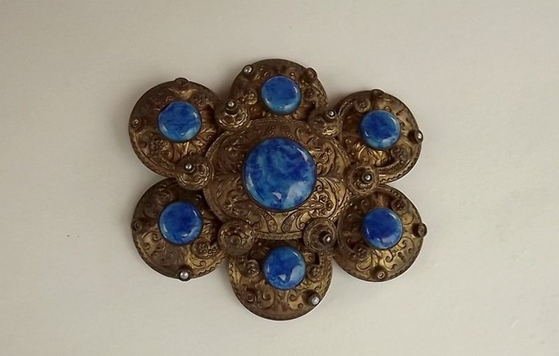   BELT BUCKLE~LAPIS GLASS CABS~ORNATE BRASS~ J WEIDNER HAMBURG~IN BOX