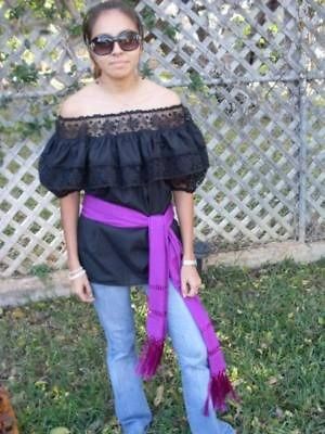 BLACK GYPSY PEASANT BLOUSE LACE MEXICAN ONE SIZE FITS