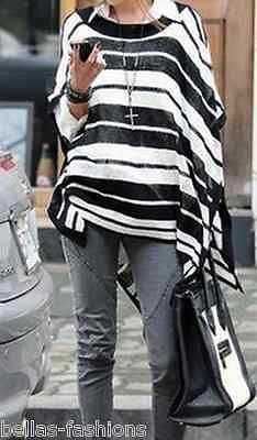 Black & White Stripe Boho Modern Cut Soho Knit Cape Style Sweater Top 