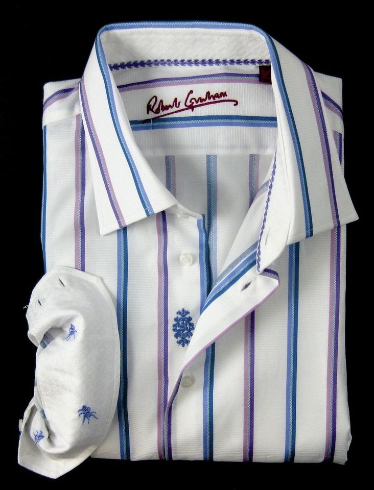 New ROBERT GRAHAM White Pink Blue Stripe Cotton Dress Shirt 16.5 42 