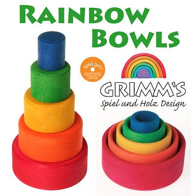 GRIMMS Spiel & Holz Set of 5 RAINBOW BOWLS, Red Outside Wooden 