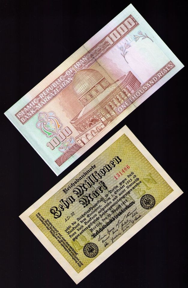 10 MILLION GERMAN MARKS BANK NOTE (1923) UNC + 1000 IRAN RIALS