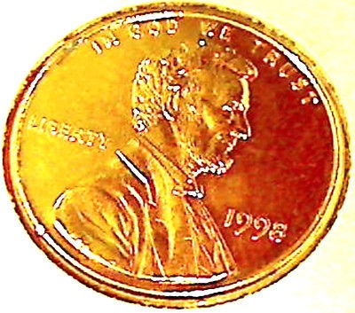 1998 /ONE U S A CENT COVERED WITH 24/KT REAL GOLD