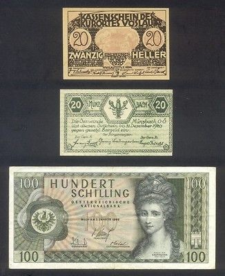 AUSTRIA 3 NOTES 20 HELLER 1920  20 HELLER 1920   100 SCHILLING 1969 P 