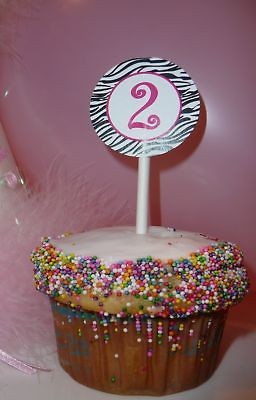 10 Birthday Cupcake Sticks Favor Tag   Zebra & Hot Pink