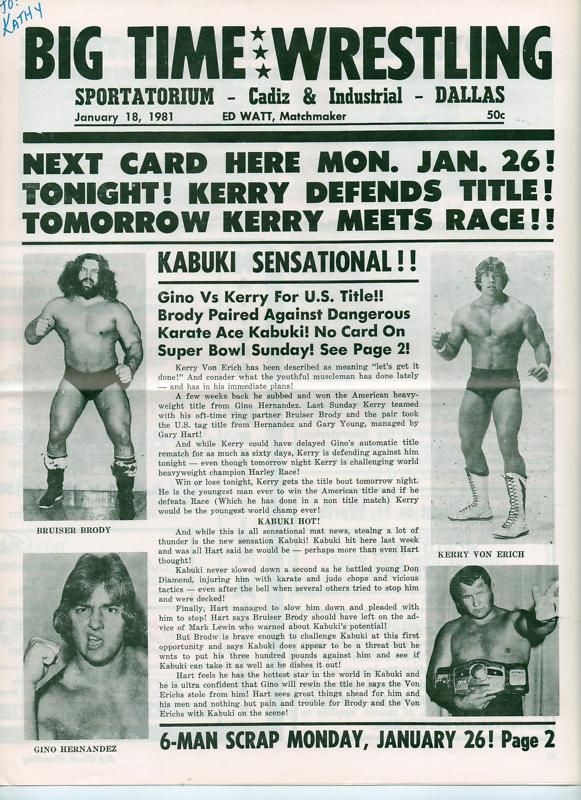 BIG TIME WRESTLING PROGRAM 1/18/81 HERNANDEZ VON ERICH