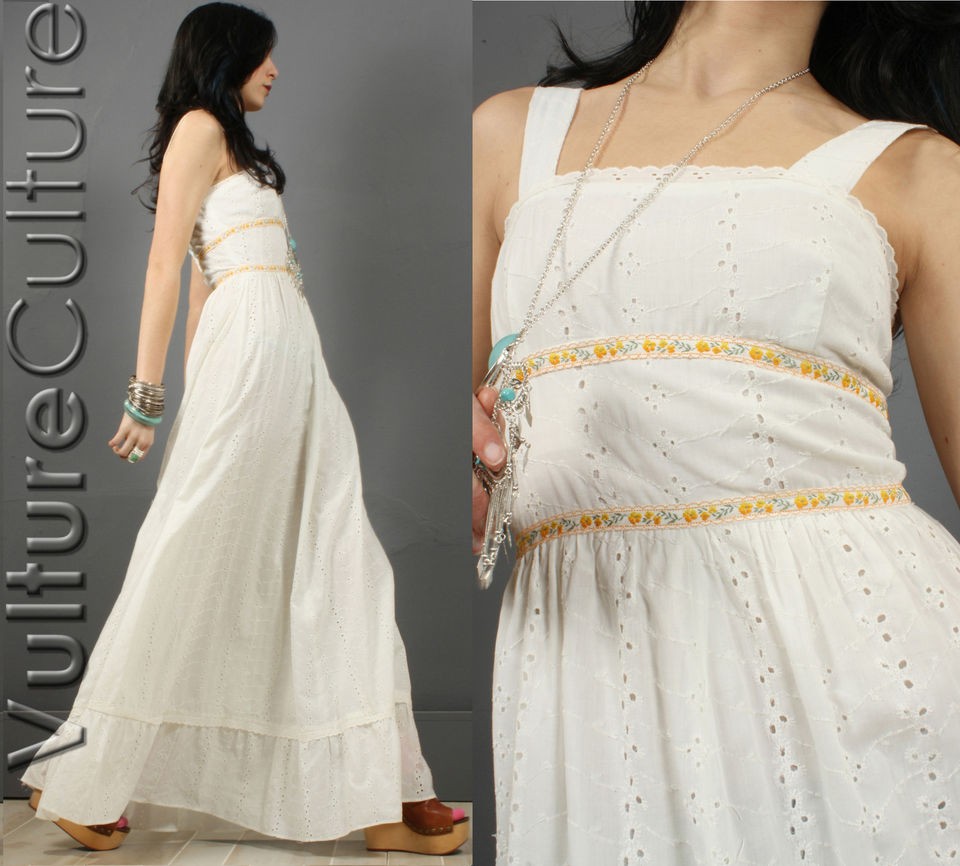 Vintage 70s White Cotton EYELET Hippie BOHO Wedding EMBROIDERED Maxi 