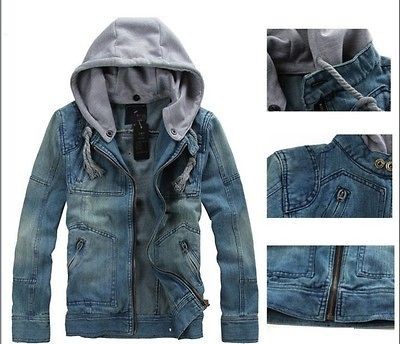 2012 Mens CLASSIC VINTAGE Denim Hooded Jean Jacket Hoody Coat 