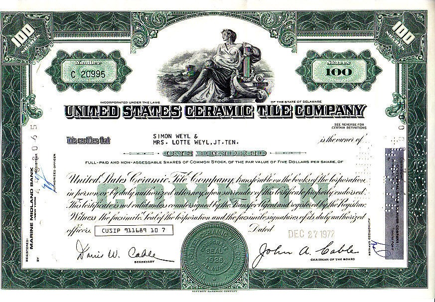 United States Ceramic Tile 1972 Stock Certificate