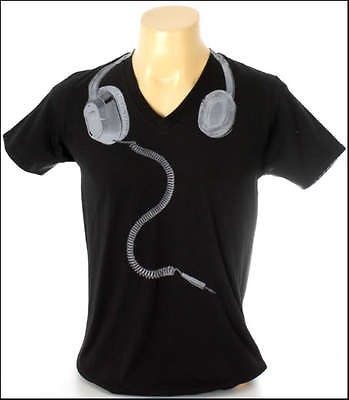 New Indie Rock Black Men V Neck T Shirt Headphones Unplug Size S 