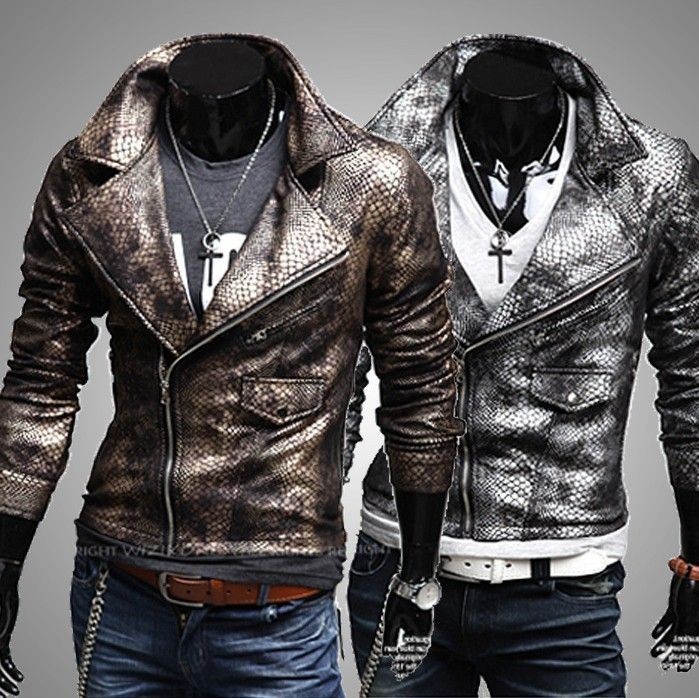 Wild Wild Mens Casual Slim Fit Alligator PU Leather Short Coat Jacket 