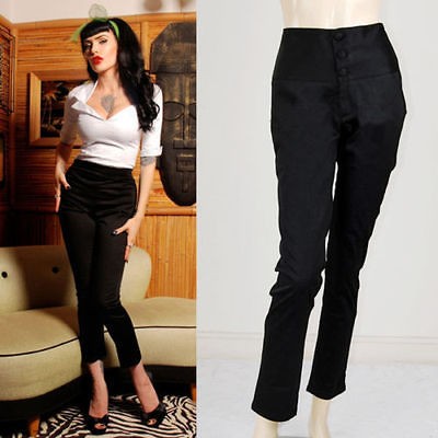 Black Satin Vtg Retro Pinup Rockabilly High Waisted Button Pants S