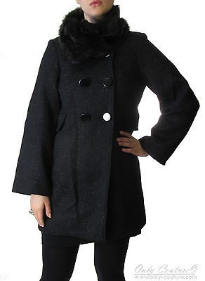 French Connection Womens Vladimir Faux Fur Collar Wool Coat   Black 