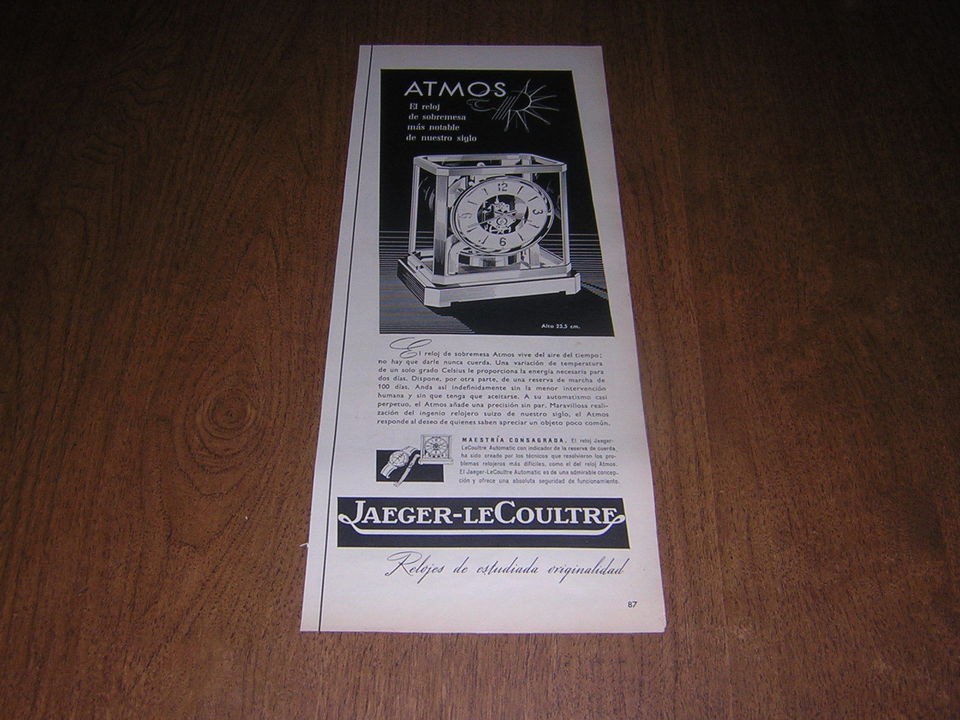 1953 JAEGER LE COULTRE CLOCK ATMOS 1/2PG ORIGINAL PRINT AD in SPANISH 