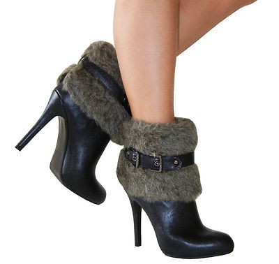 Trendy City Look Faux Fur Flap Buckle Strap Slip in Heel Ankle Boots 