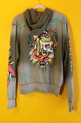 New Ed Hardy by Christian Audigier Death or Glory Dip Dye brown hoodie 