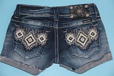 NWT MISS ME JEANS RHINESTONE & LEATHER EMBELLISHED TRIBAL DENIM SHORTS 