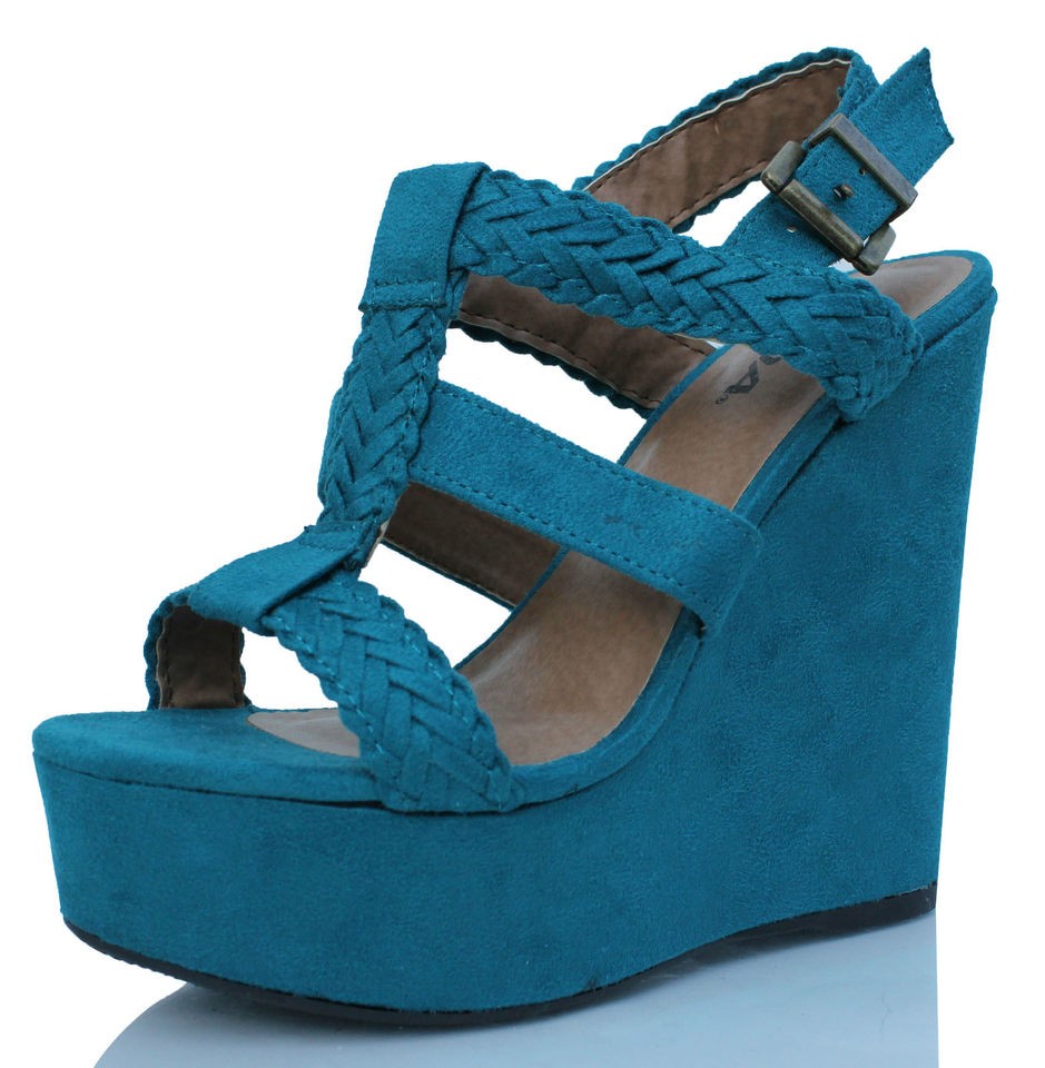 Dark Teal Faux Suede Strappy Platform Wedge Sctto