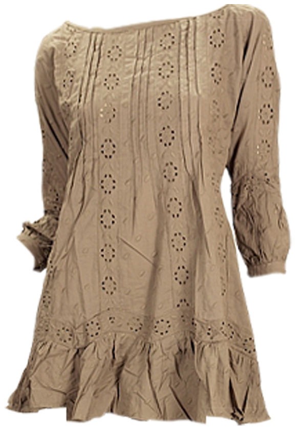 NWT BOHO EYELET RUFFLE TUNIC TOP BLOUSE LIGHT BROWN S, M, L