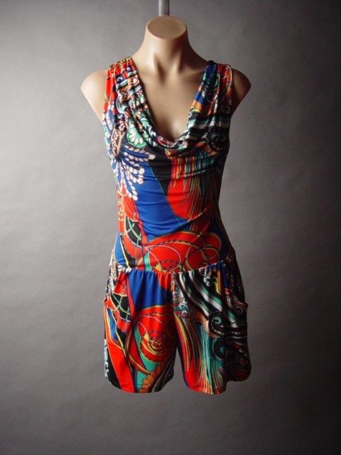 Colorful Ethnic Art Scarf Print Draped Neck Cutout Back Printed Shorts 