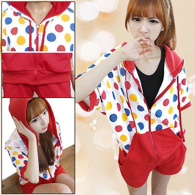 Lady Colorful Dots Print Hooded Kangaroo Pockets Sports Suits XS