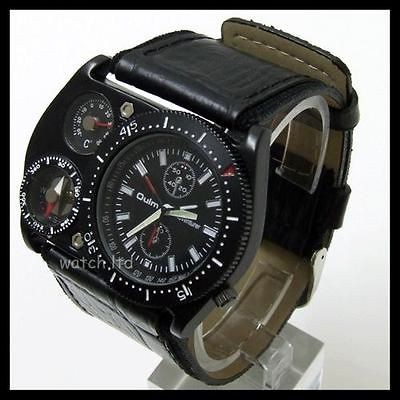 Big Size Black Mens Quartz Military Sport Watch leather strap Gift 