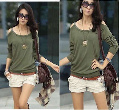 Women Fall Army green Off shoulder Rhinestones Long Sleeve Loose T 