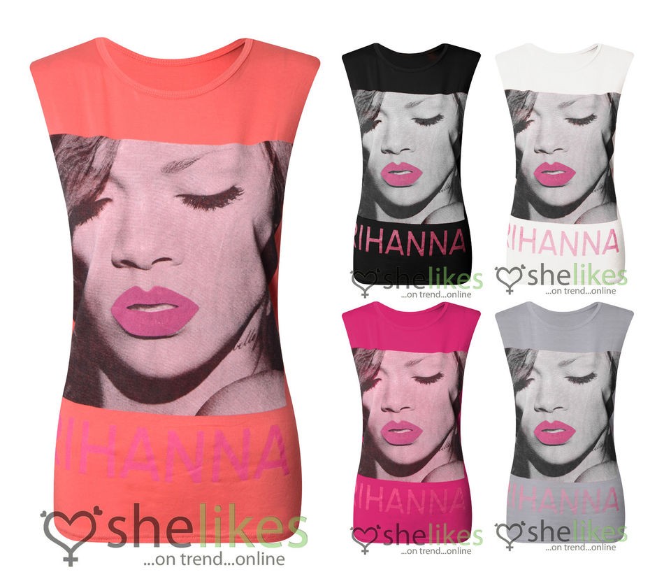 Womens Sleeveless Vest Top Ladies Rihanna Celebrity Face Print Vest 