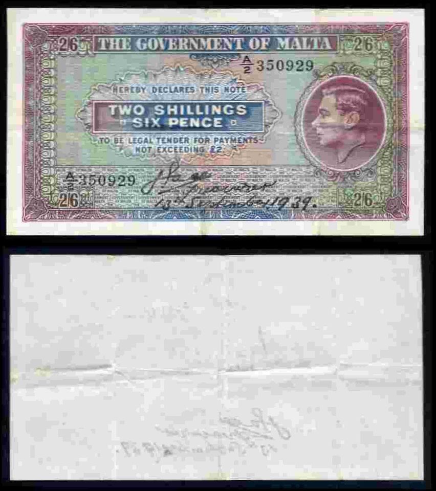 Malta. Two Shillings and Sixpence. (1940). A/2 350929. Very Fine.