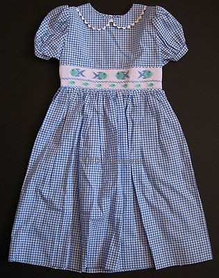 nwt girls silly goose smocked blue plaid fish dress