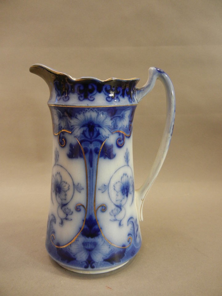 Antique Tall Dark Flow Blue Staffordshire Water Pitcher w/Gilt Gold 