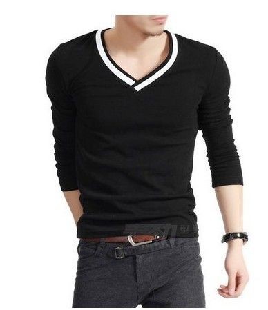 Korea new solid color mens fashion v neck Slim long sleeve t shirt 