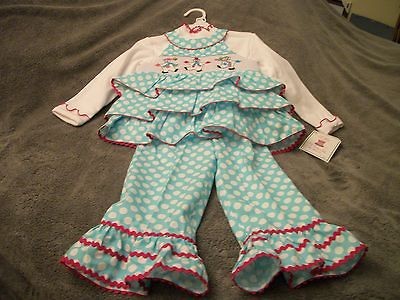 LITTLE THREADS 3 PIECE SMOCKED TURQUOISE & WHITE PANTS SET SNOWMEN 