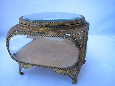 Vintage Gold Ormolu Filigree Beveled Glass Jewelry Casket Velvet 