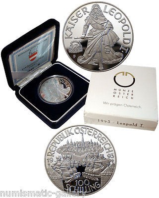 austria 100 schilling 1993 silver pf leopold i box coa