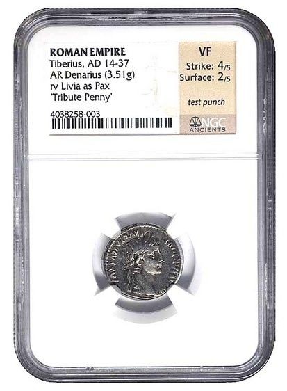 Roman Tiberius AR Denarius Tribute Penny (AD 14 37) NGC Ch VF