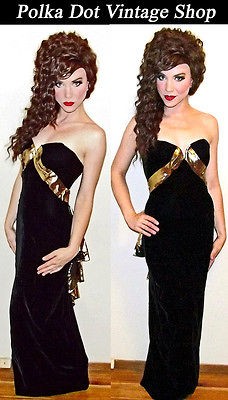 Vtg 80s Black + Gold VELVET Boned Corset FISHTAIL Wiggle Party Prom 