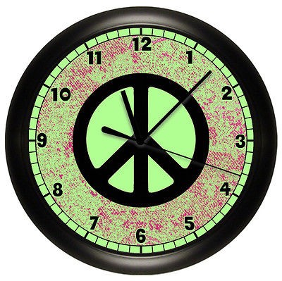 LIME GREEN AND PINK PEACE SIGN WALL CLOCK BLACK GIRLS BEDROOM DECOR 