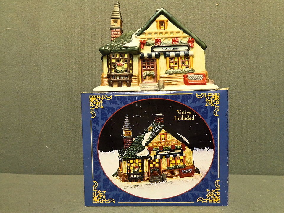 VOTIVE CANDLE HOLDER CERAMIC HOUSE CANDY SHOP CHRISTMAS HOUSE MIB