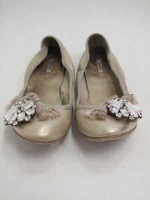 Miu Miu Gold Metallic w Multi Crystal Applique Ballet Flats 38