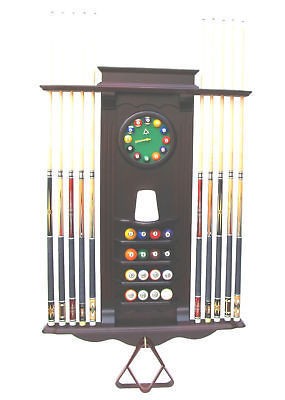     Billiard Stick and Balll Wall Rack  Stand W/ Clock Mahogany Finish