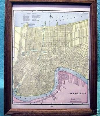 ANTIQUE FRAMED MAP OF NEW ORLEANS LOUISIANA W/ PROMINENT BUILDINGS 